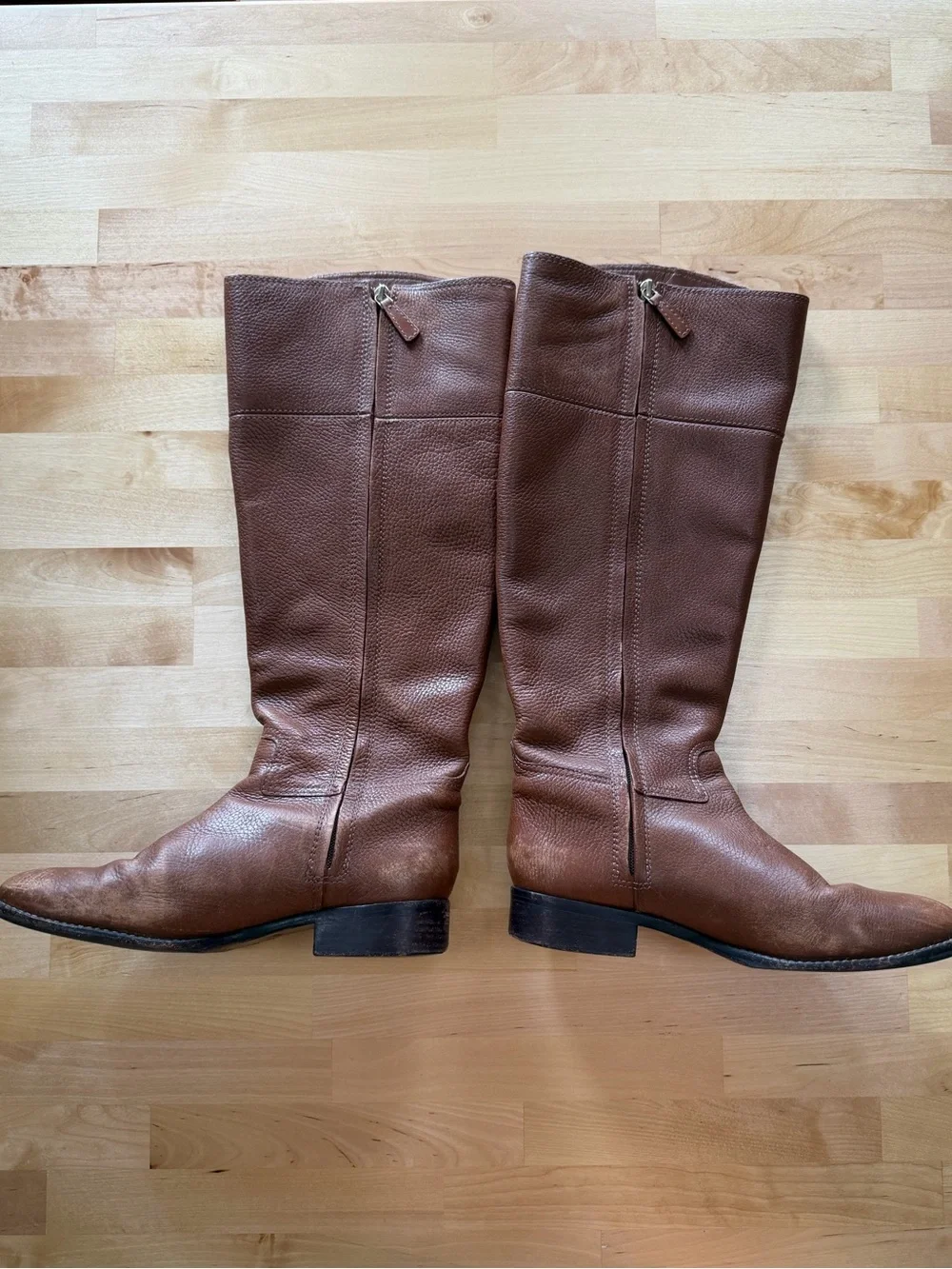 Tory Burch Brown Pebbled Leather Tall Riding Boots Gold Logo 8.5